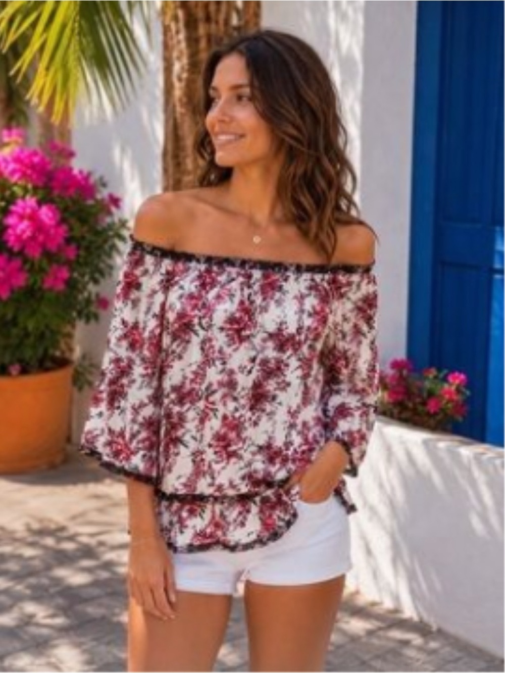White House Black Market Red Floral Flutter Sleeve.Off Shoulder Blouse Size M